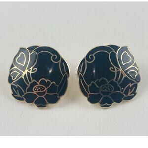 VINTAGE FLOWERS Black ENAMEL CLOISONNE GOLD Pierced ROUND EARRINGS Huggie Floral